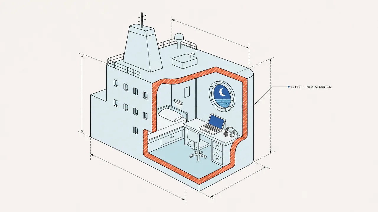 Cutaway drawing of a ship's accommodation block showing a cabin at night: a bunk, a desk with a laptop and headphones, and a porthole with the moon over the sea.
