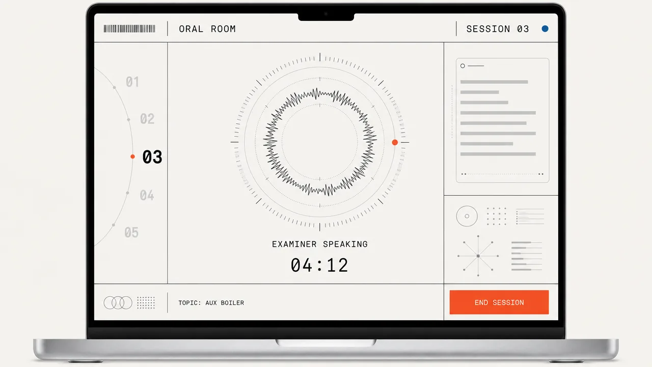 Illustrative laptop screen of an Oral Room session: a topic dial on the left, the examiner's voice waveform in the centre and a session timer.