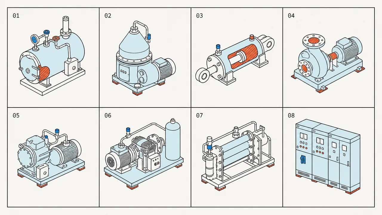 Grid of eight technical drawings of engine room machinery: a boiler, a purifier, a steering gear ram, a centrifugal pump, a compressor, an air compressor with receiver, a heat exchanger and a main switchboard.