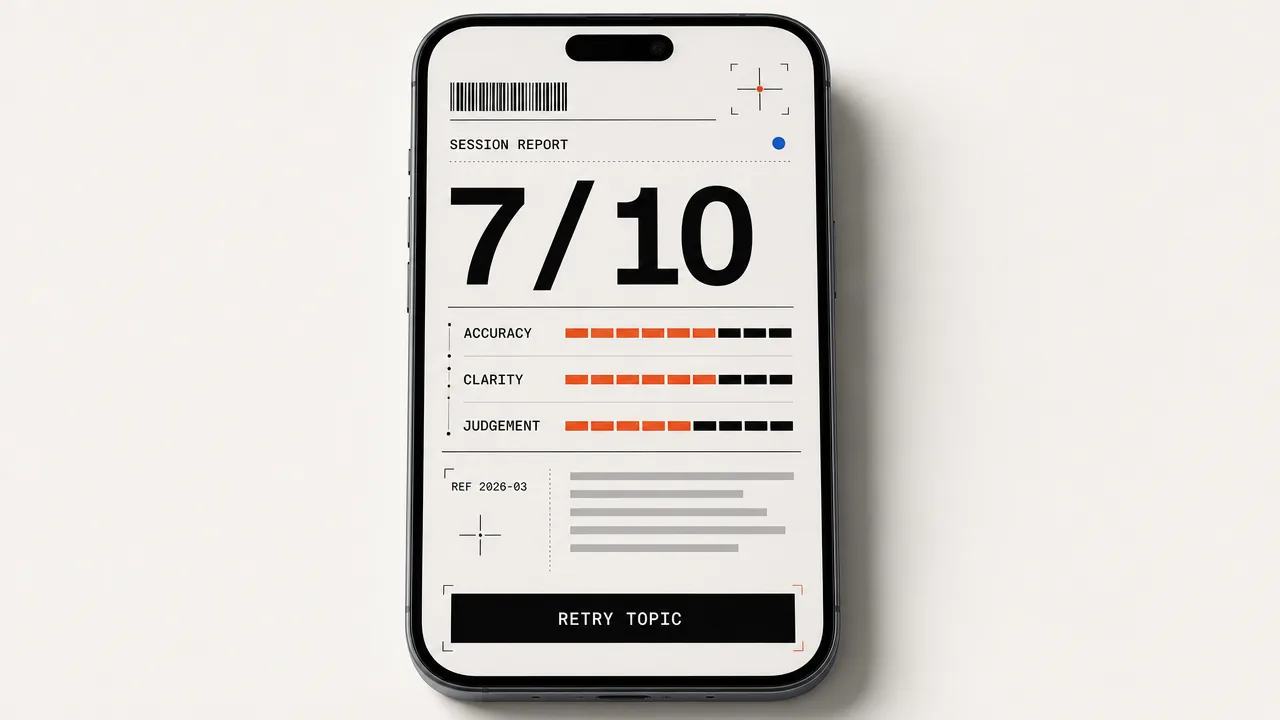 Illustrative phone screen of a session report showing a 7 out of 10 score with bars for accuracy, clarity and judgement.